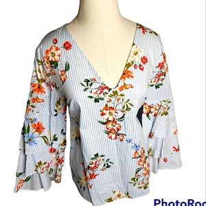 St.Tropez Bell Sleeve Top Tiered Striped Floral Keyhole Cutout Cotton New Large